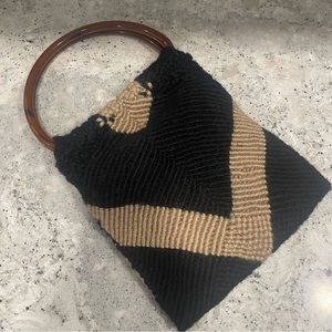 70s Vintage Handwoven Black & Cream Tapestry Handbag